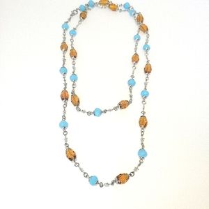 Blue Turquoise Brown Faceted Bead,Station Necklace w/ Stainless Steel Star Chain